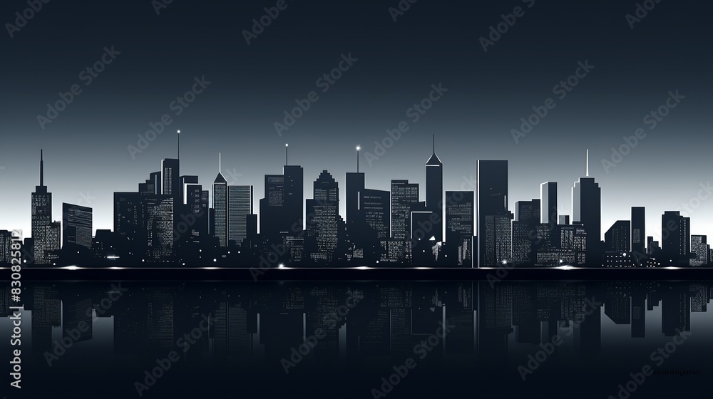 Stunning city skyline silhouette at night, featuring tall skyscrapers and their reflection in calm water under a dark sky.