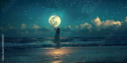 A solitary figure raises the full moon over her head on a starlit beach, creating a magnificent and surreal scene
