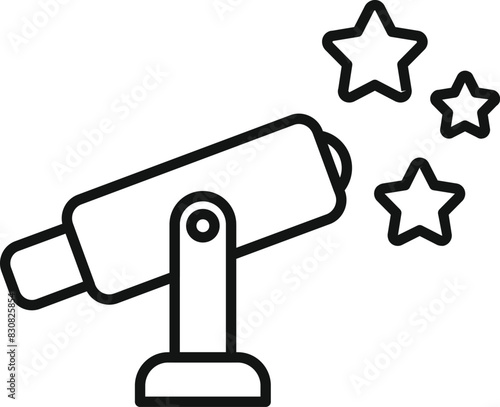 Simple black and white line icon featuring a telescope aimed at stars, suitable for astronomy themes