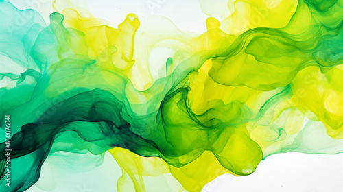 Abstract vivid background. Photo of Ink in water. Colorful smoke. Green and yellow smooth paint stains. Backdrop with space for text. Eye-catching background for social media and printing design. 
