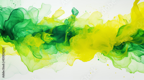 Abstract vivid background. Photo of Ink in water. Colorful smoke. Green and yellow smooth paint stains. Backdrop with space for text. Eye-catching background for social media and printing design. 