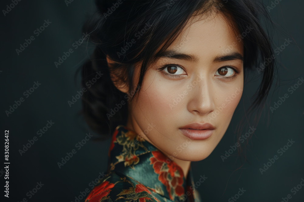 Head and shoulders portrait of beautiful young Asian woman, studio photo Head and shoulders portrait of beautiful young Asian woman, studio photo