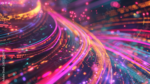 A dynamic and colorful data stream surrounding "OTA," highlighting the concept of over-the-air firmware upgrades with a vibrant digital background