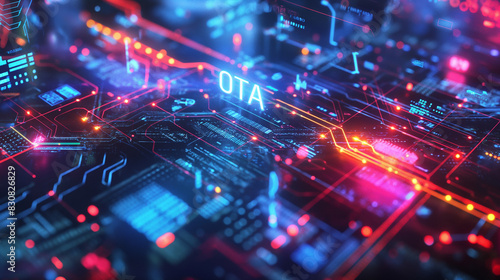 Digital data flows converging on "OTA" in the center, with a vibrant, futuristic background, symbolizing seamless over-the-air firmware upgrades © Maksym