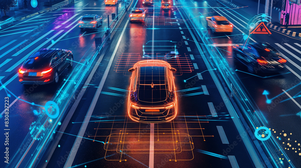 Autonomous electric cars at a bustling traffic intersection, with visible AI systems, GPS tracking, car scanning technologies, and smart road networks, highlighting future innovati Autonomous electric cars at a bustling traffic intersection, with visible AI systems, GPS tracking, car scanning technologies, and smart road networks, highlighting future innovati
