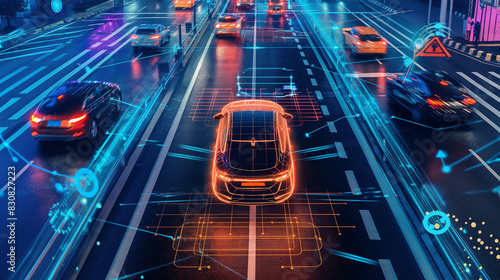 Autonomous electric cars at a bustling traffic intersection, with visible AI systems, GPS tracking, car scanning technologies, and smart road networks, highlighting future innovati photo