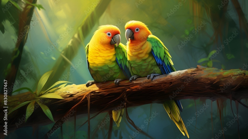 Obraz premium Tender Affection: Vibrant Lovebirds on Leafy Branch in Lush Tropical Forest