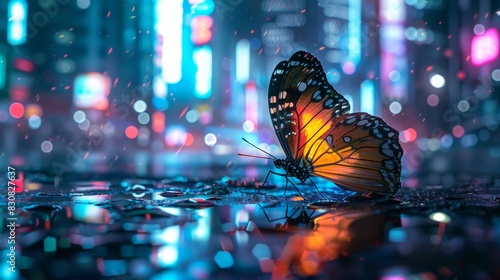 A butterfly is sitting on a wet surface in a city