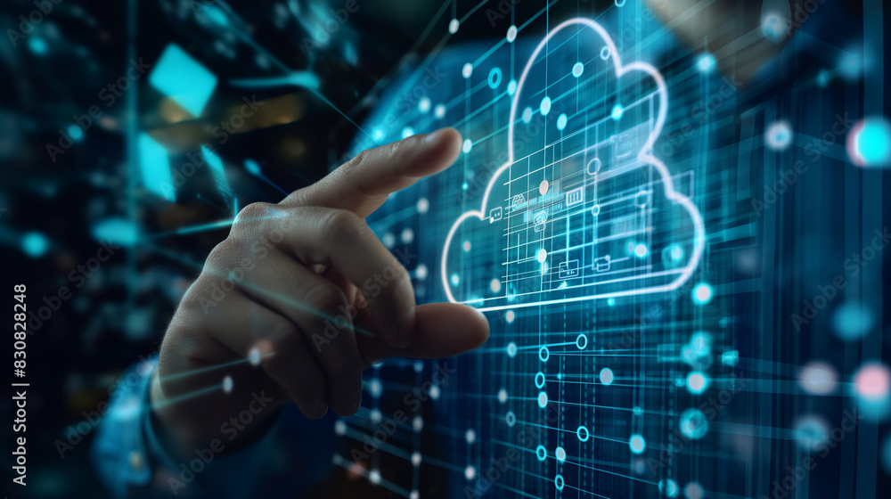 Close-up of a businessman navigating cloud ERP interface to access HR management tools, emphasizing efficient enterprise resource planning through cloud computing Close-up of a businessman navigating cloud ERP interface to access HR management tools, emphasizing efficient enterprise resource planning through cloud computing
