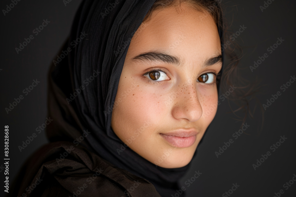 Head and shoulders portrait of beautiful young Middle Eastern woman, studio photo Head and shoulders portrait of beautiful young Middle Eastern woman, studio photo