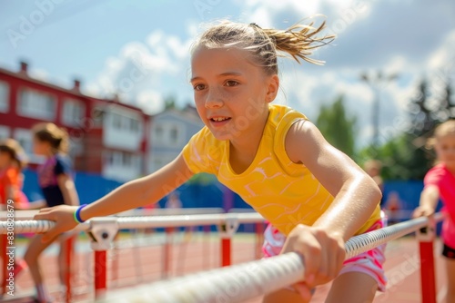 Focused young girl gripping a starting block, ready to sprint, representing determination and preparation