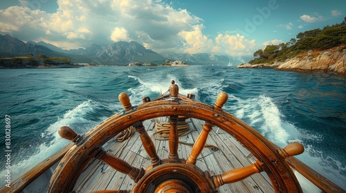 A vintage wooden ship's helm stands before a beautiful ocean scene with distant mountains and clear skies photo