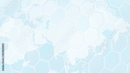 Map of the world on a hexagon background. Map light blue color, covered in various countries and cities. Vector flat illustration