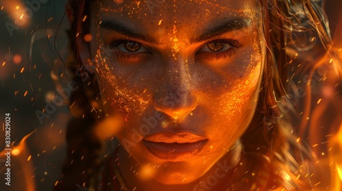 An enigmatic woman with golden sparks around her, evoking a fiery and strong personality