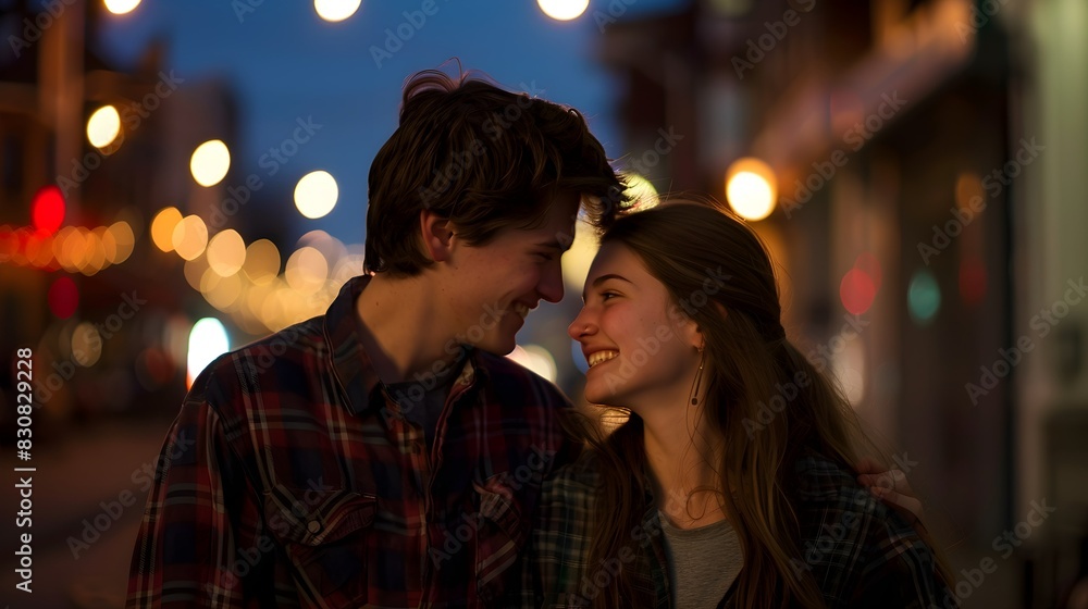 Warm and affectionate teenage couple in plaid shirts, sharing a genuine smile at twilight, urban setting lending a relaxed ambiance Warm and affectionate teenage couple in plaid shirts, sharing a genuine smile at twilight, urban setting lending a relaxed ambiance