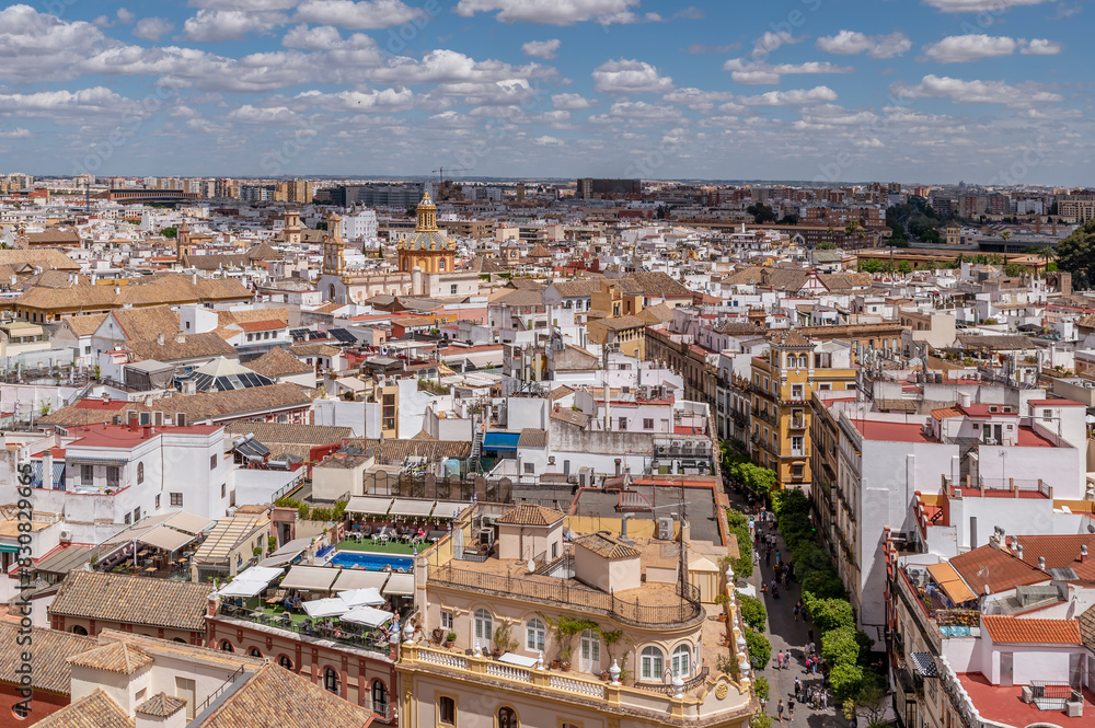 Panoramic aerial view from the top of the Giralda tower, Seville, Spain, looking east Panoramic aerial view from the top of the Giralda tower, Seville, Spain, looking east