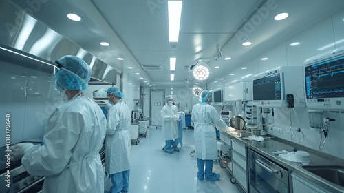 Medical team in scrubs engaged in work within a cutting-edge surgical room