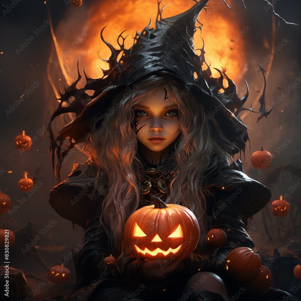 Girl wearing a witch's hat holding a pumpkin, background filled with flames.Halloween. Girl wearing a witch's hat holding a pumpkin, background filled with flames.Halloween.