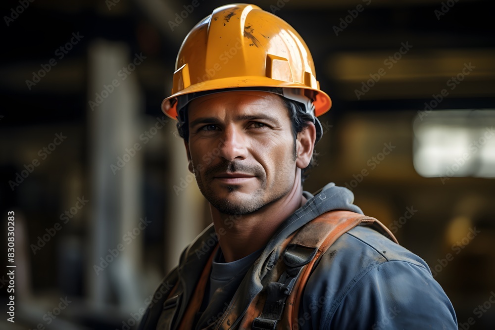 A construction worker in an orange hard hat and work jacket stands in an industrial setting with a focused expression A construction worker in an orange hard hat and work jacket stands in an industrial setting with a focused expression