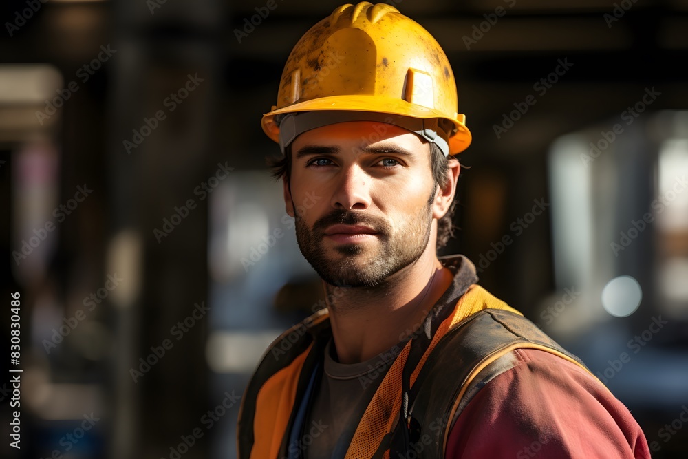 A construction worker in a yellow hard hat and orange safety vest stands in an industrial setting with a focused expression A construction worker in a yellow hard hat and orange safety vest stands in an industrial setting with a focused expression