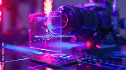 A camera lens is on a table with a computer chip