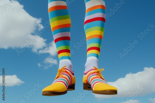 Person wearing colorful striped socks and bright yellow shoes against a clear blue sky with white clouds, emphasizing a playful and whimsical fashion stylePlayful fashion, colorful striped socks, ye