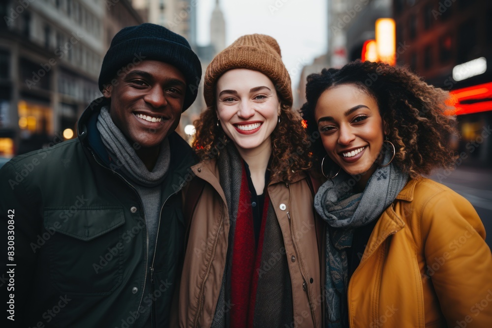A group of diverse friends walking down the street together in warm clothes. A group of diverse friends walking down the street together in warm clothes.