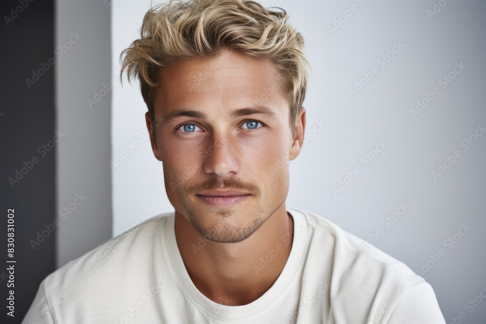 Portrait of handsome young man in white t-shirt looking at camera Portrait of handsome young man in white t-shirt looking at camera