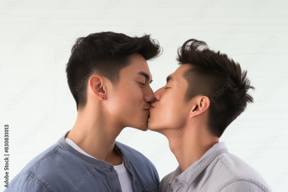 Portrait of a young asian gay couple kissing over white background, romantic kiss of homosexual couple, love concept Portrait of a young asian gay couple kissing over white background, romantic kiss of homosexual couple, love concept