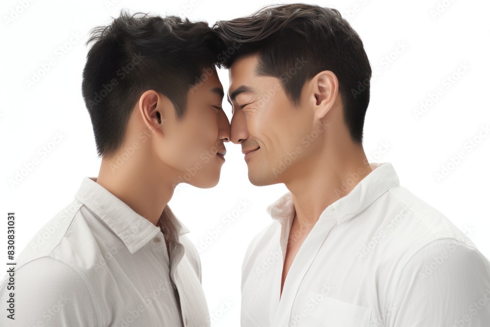 Portrait of young gay couple kissing on white background, closeup Portrait of young gay couple kissing on white background, closeup