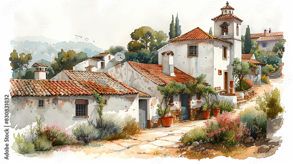 Fototapeta premium Village With Church Watercolor Painting