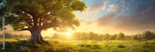 Majestic tree in a serene landscape at sunrise, with golden sunlight casting a warm glow over the grassy field and a calm lake in the background, perfect for nature and tranquility themes

Serene sunr photo