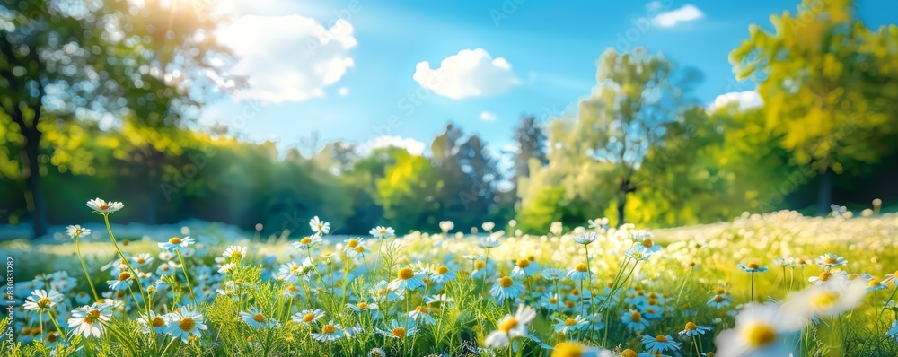 Fototapeta premium Blurred spring nature scene with blooming chamomile, trees, and blue sky, sunny day, vibrant and colorful, highresolution image, serene and cheerful