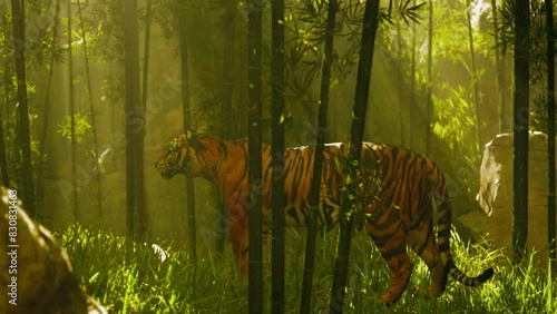 tiger in a bamboo thicket, motionless as it sniffs and listens for its quarry photo