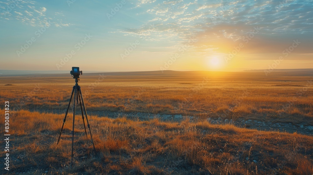 A camera tripod is set up in a field with a beautiful sunset in the background