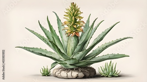 An ancient botanical drawing featuring isolated aloe vera on a clear background