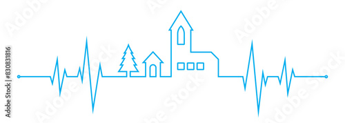 Vector a heartbeat line with a church and trees on a white background.