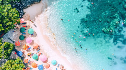 An aerial view of a pristine beach with crystal clear water  colorful beach umbrellas  and people sunbathing and swimming