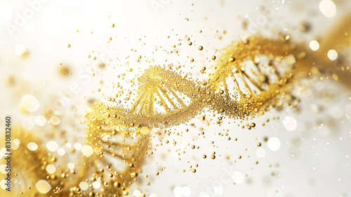 Golden geometric background and swirls of DNA molecules, medical 3D rendering concept illustration