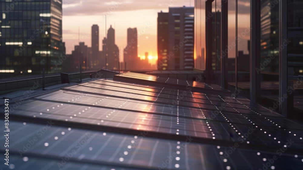 Company solar panels installation, close up, renewable energy initiative, realistic, Overlay, corporate headquarters backdrop