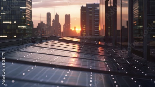Company solar panels installation, close up, renewable energy initiative, realistic, Overlay, corporate headquarters backdrop photo