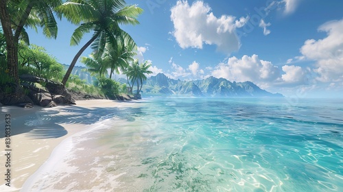 A serene virtual beach scene  complete with palm trees  crystal-clear waters  and avatars enjoying digital relaxation.