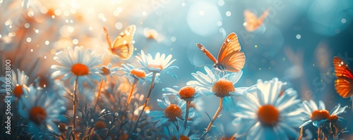 Beautiful sunlit field of daisies with fluttering butterflies