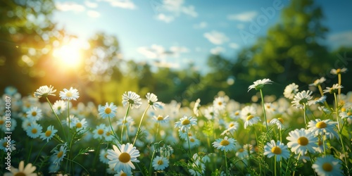 Beautiful spring nature scene with blurred chamomile, trees, and blue sky, sunny day, highquality image, serene and vibrant, ideal for backgrounds photo