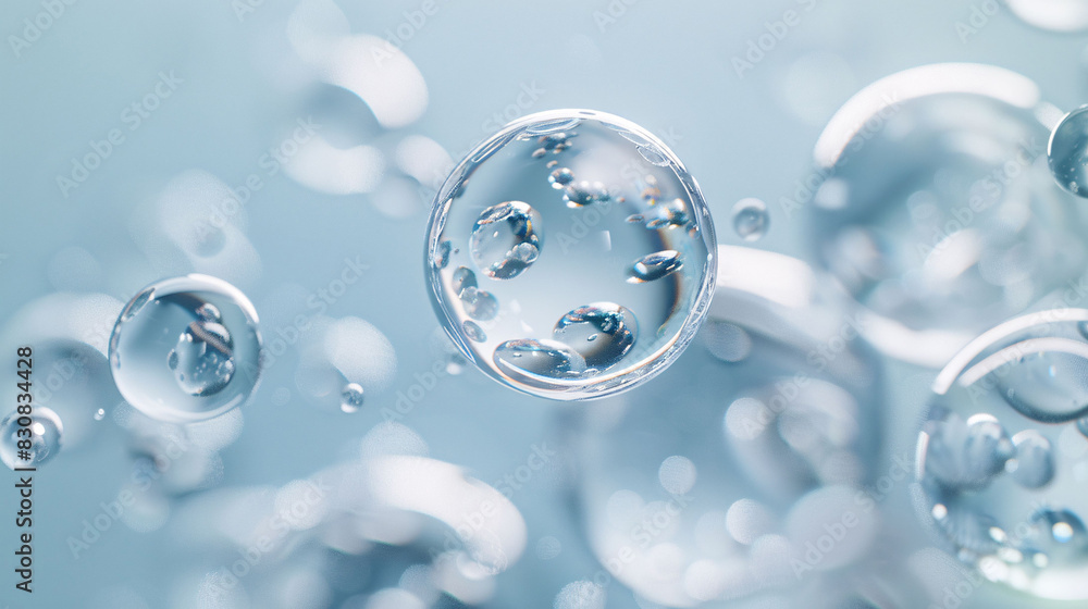 Water droplets water molecules and bubbles on blue white background Water droplets water molecules and bubbles on blue white background
