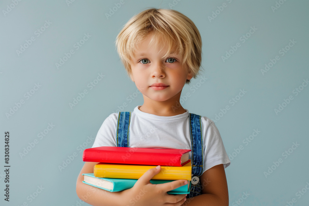 A little boy holds books in his hands on a monochrome background. Back to School. copy space A little boy holds books in his hands on a monochrome background. Back to School. copy space