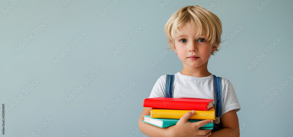 A little boy holds books in his hands on a monochrome background. Back to School. copy space A little boy holds books in his hands on a monochrome background. Back to School. copy space