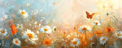 Beautiful panoramic meadow with daisies and butterflies