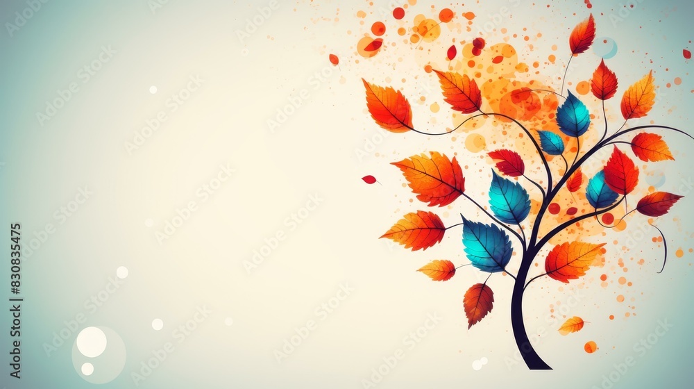 Vibrant illustration of autumn leaves on a tree with red, orange, and yellow colors, set against a clean background.