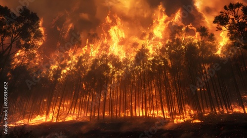 6. Wildfires raging through a dry forest  with towering flames engulfing trees  depicting the increasing frequency of extreme weather events.
